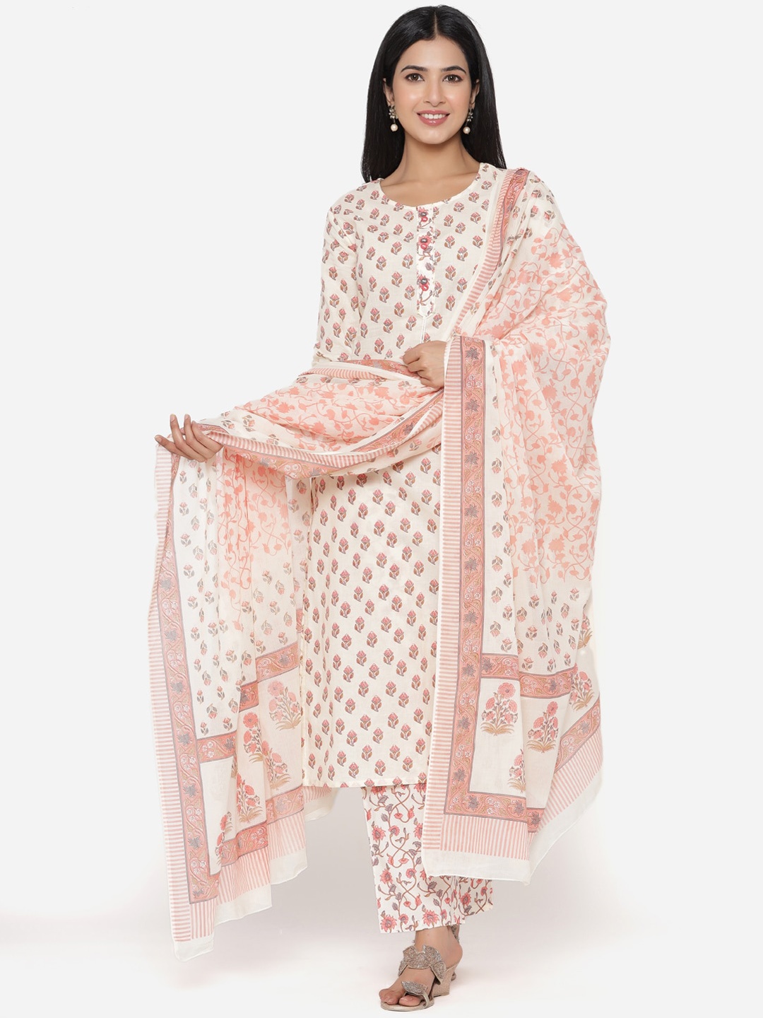 

ETHNIC STREET Women Pink Ethnic Motifs Printed Pure Cotton Kurti with Trousers & With Dupatta