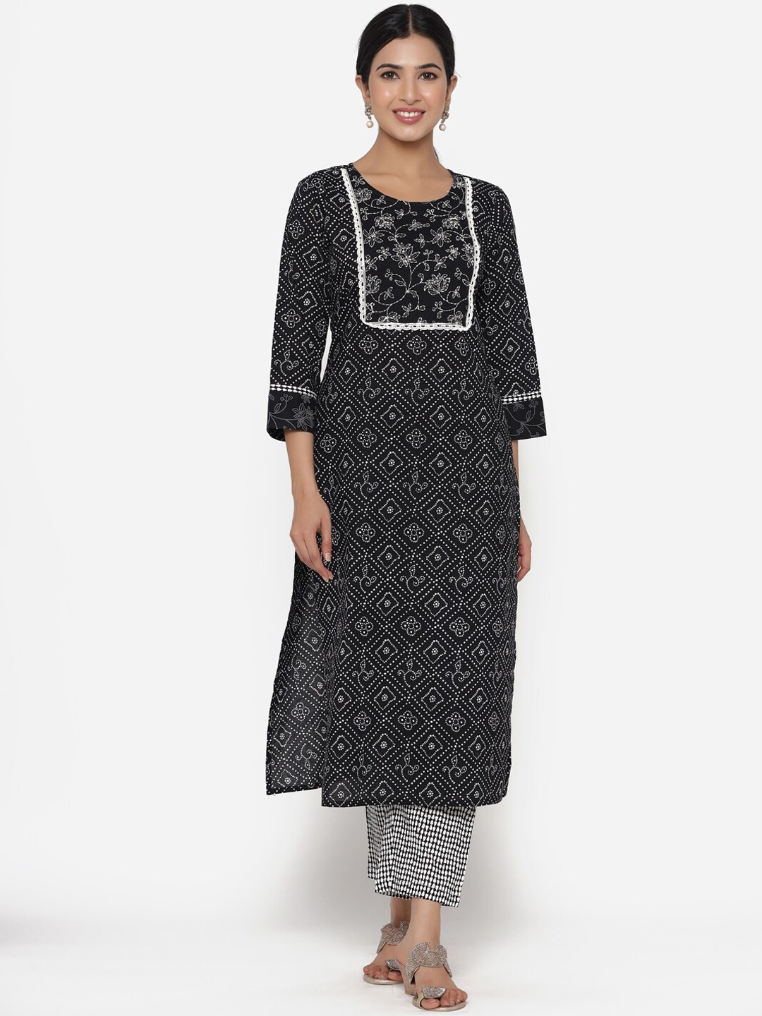 

ETHNIC STREET Women Black & White Printed Cotton Kurta with Trousers & With Dupatta