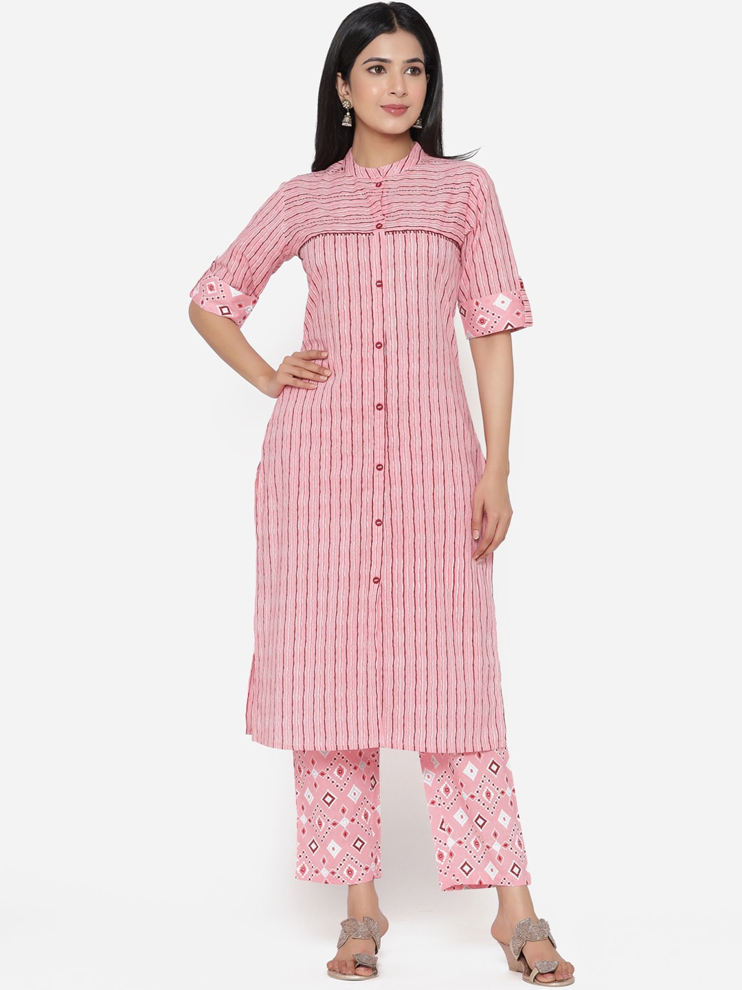 

ETHNIC STREET Women Pink Striped Pure Cotton Kurta with Trousers