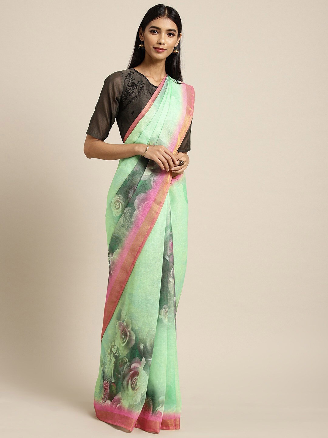 

Shaily Green & Pink Floral Pure Linen Saree