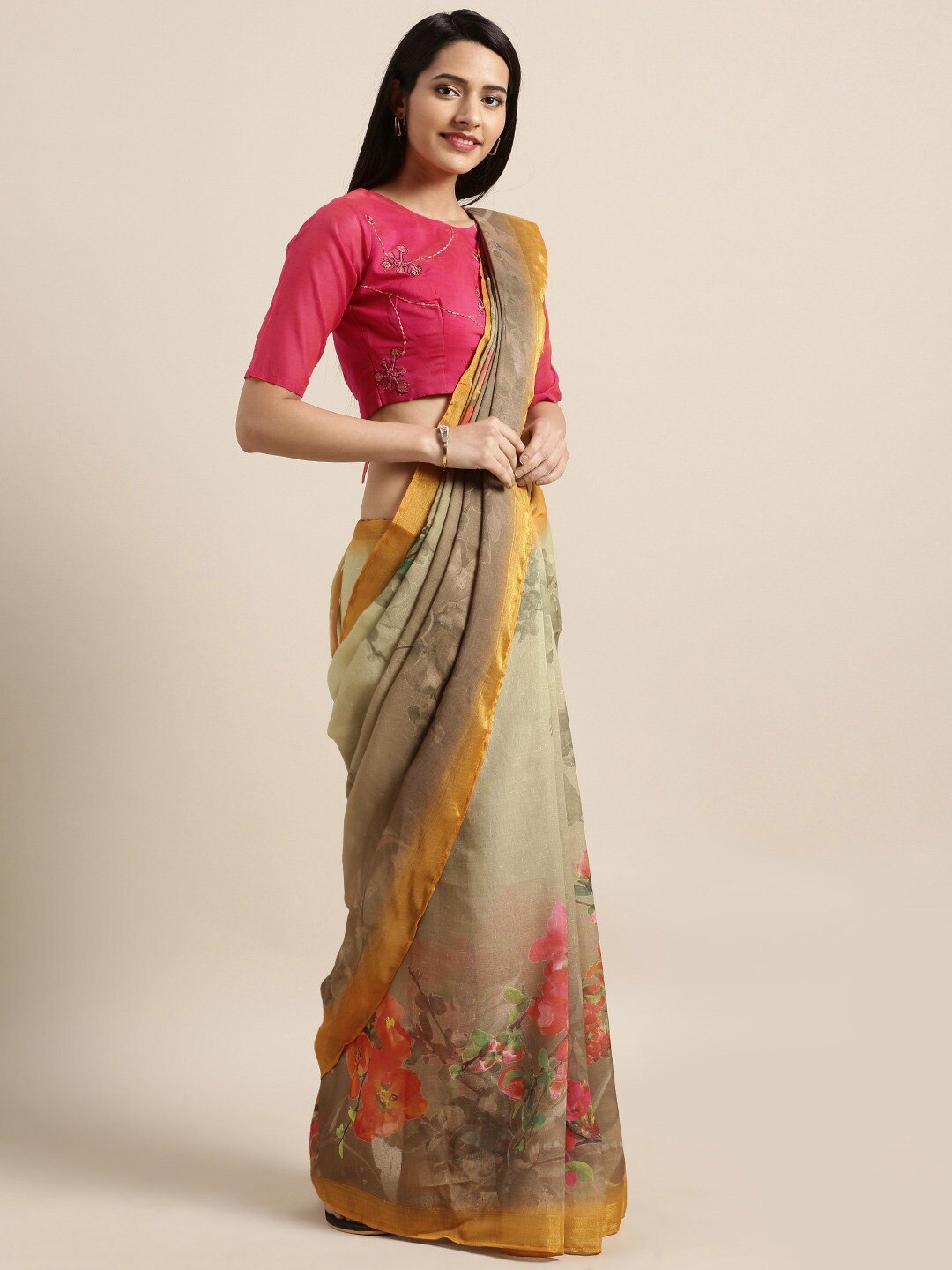 

Shaily Green & Orange Floral Pure Linen Saree