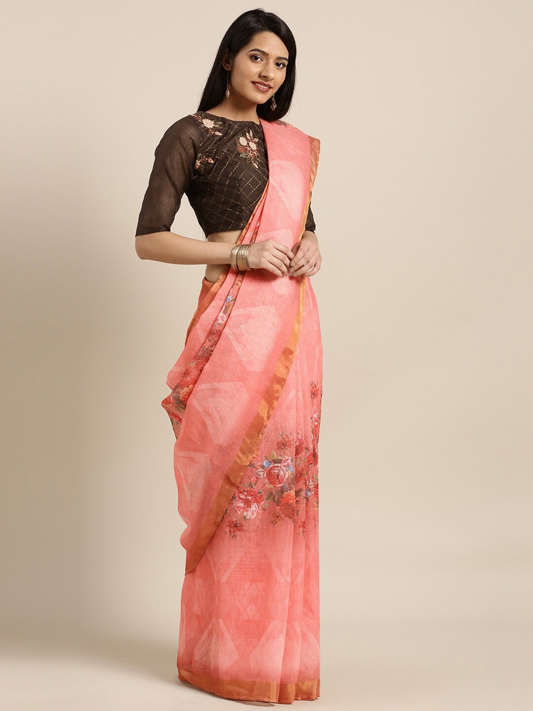 

Shaily Peach-Coloured & Blue Floral Printed Zari Pure Linen Saree