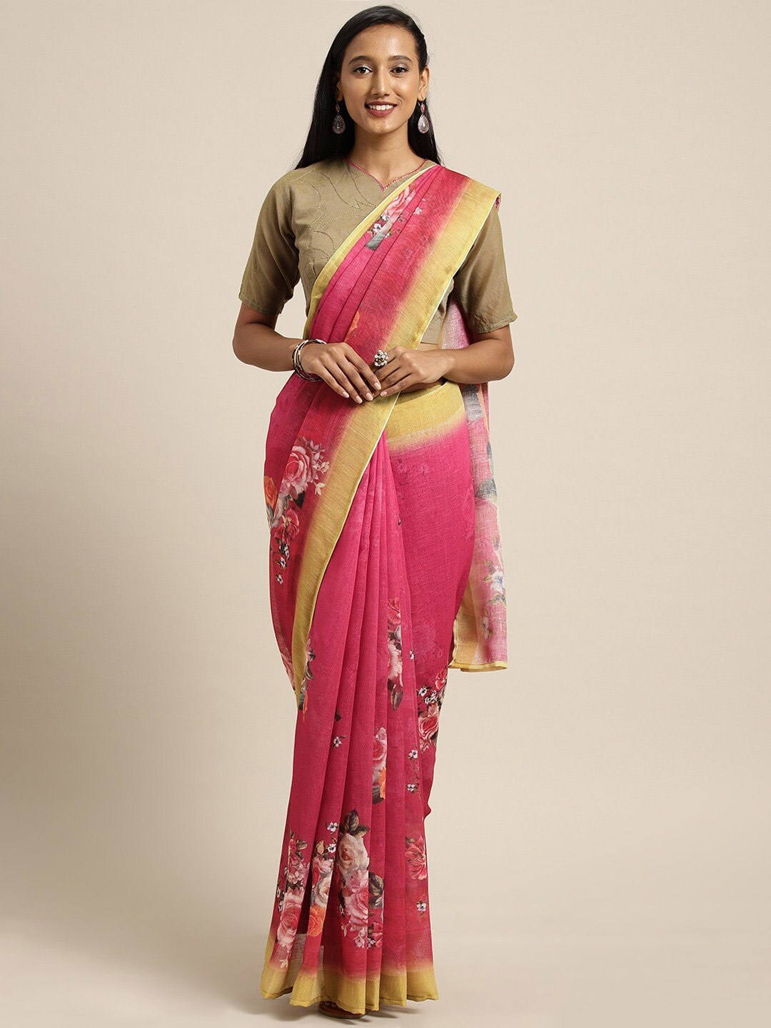 

Shaily Pink & Peach-Coloured Floral Pure Linen Saree