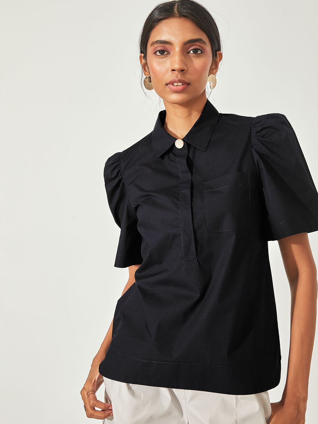 The Label Life Women Blue Midnight Puff Sleeved Shirt