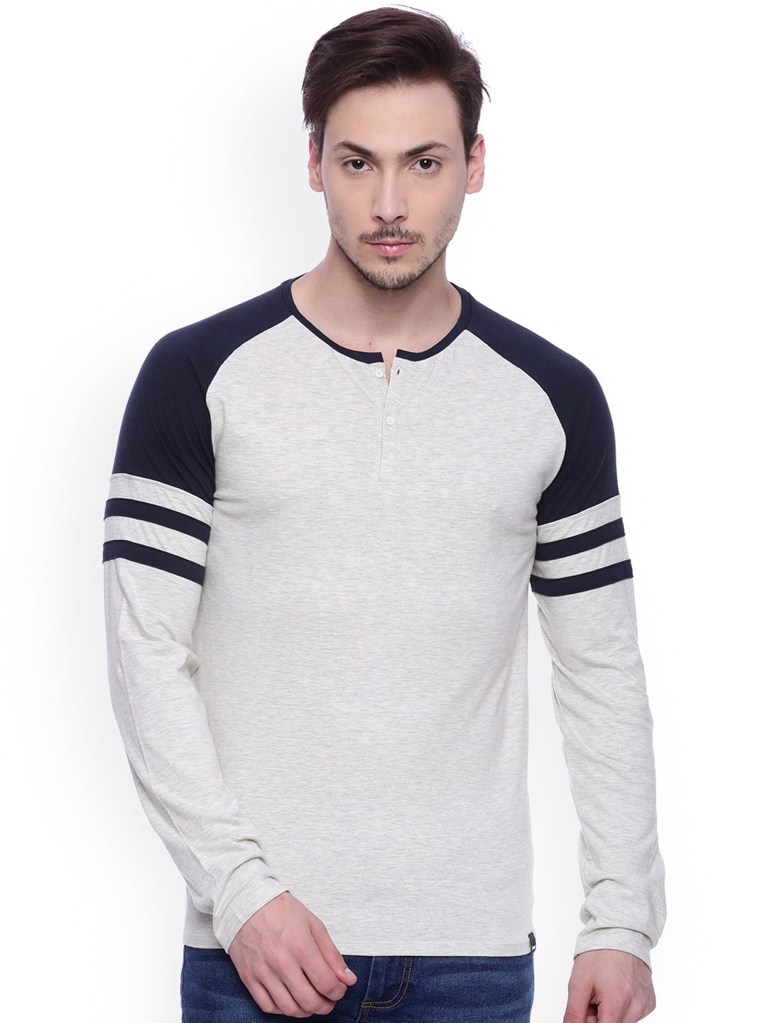 

Basics Men Off-White Solid Muscle Fit Henley Neck T-shirt