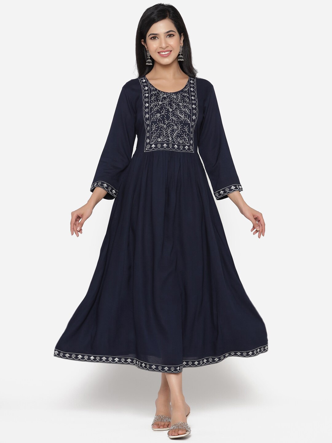 

ETHNIC STREET Blue Floral Embroidered Crepe Ethnic Midi Dress