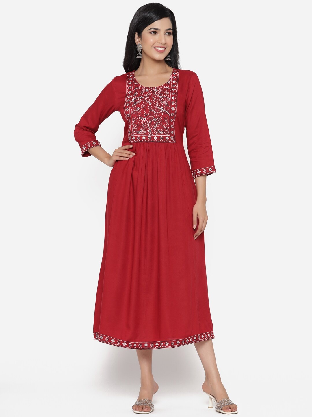 

ETHNIC STREET Maroon Ethnic Motifs Crepe Ethnic Midi Dress