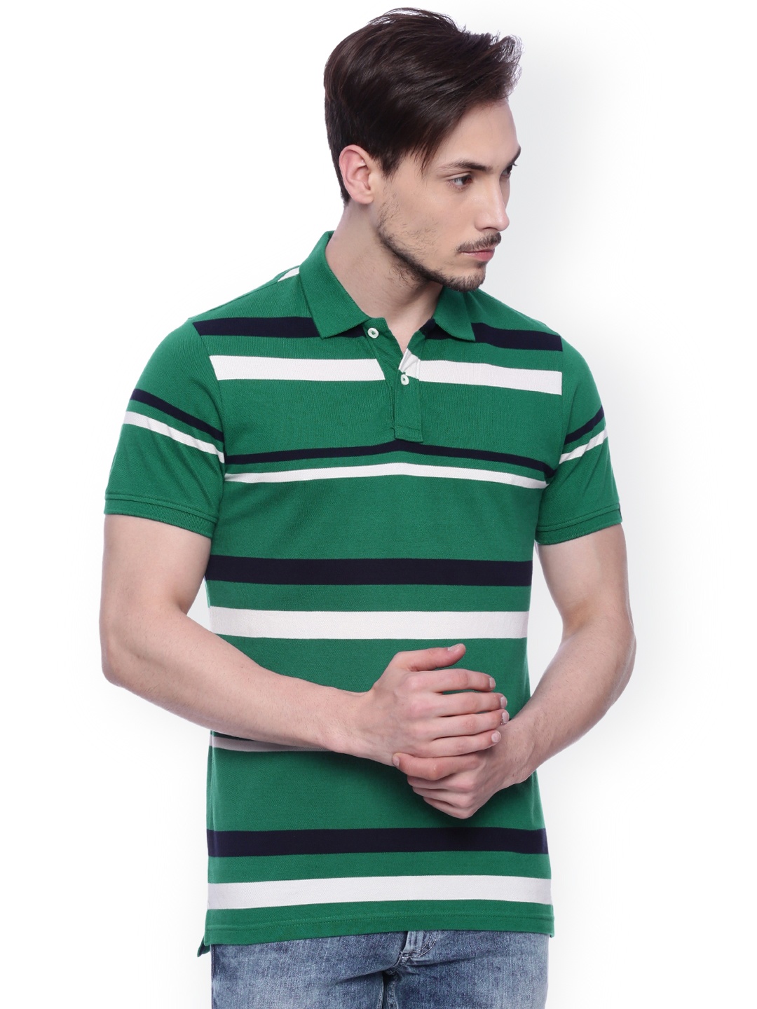 

Basics Men Green Striped Muscle Slim Fit Polo Collar T-shirt