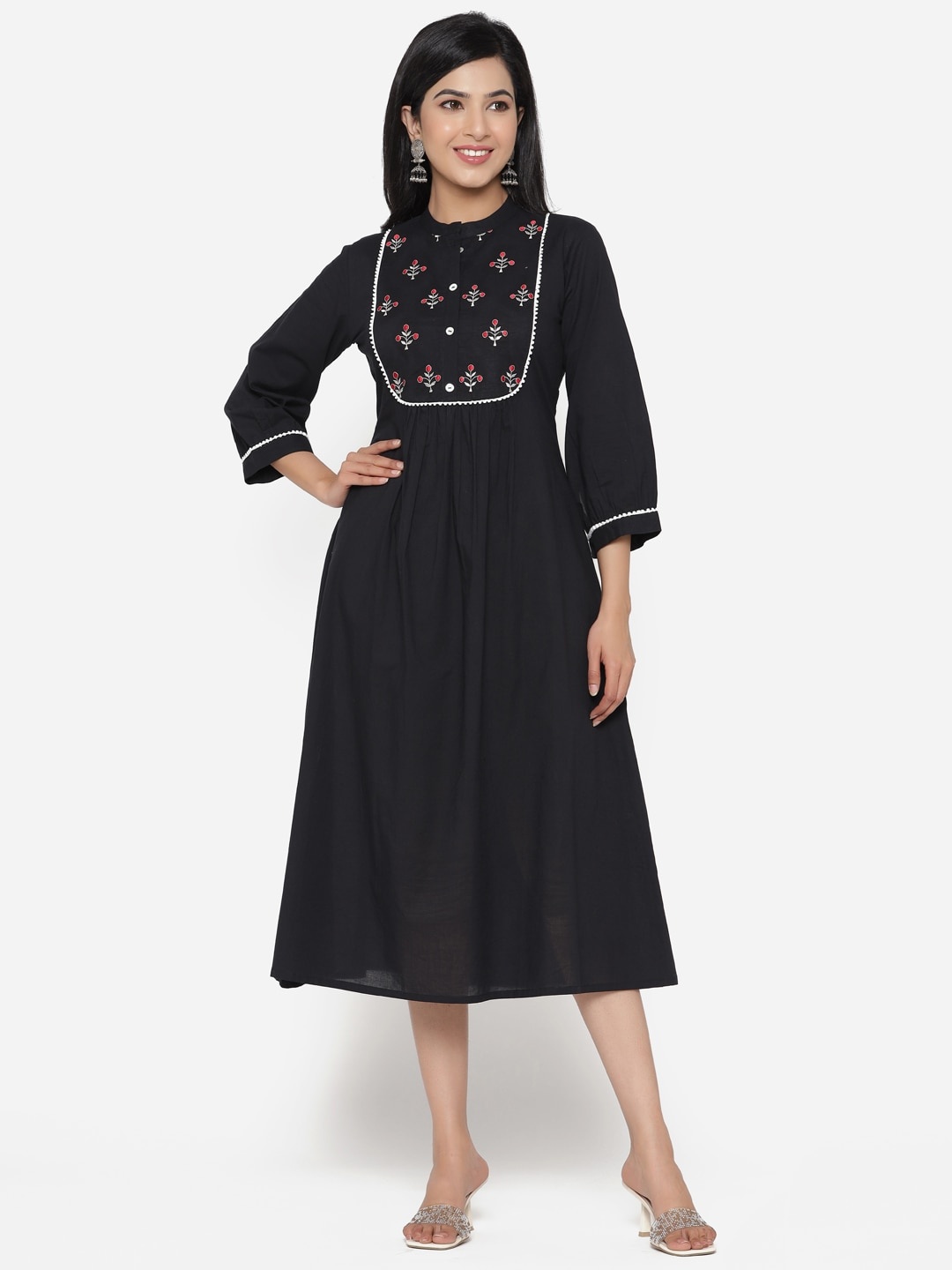 

ETHNIC STREET Black Floral Embroidered Ethnic Midi Dress