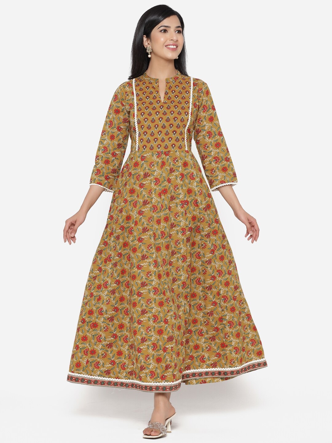 

ETHNIC STREET Mustard Yellow Floral Ethnic Cotton Maxi Dress