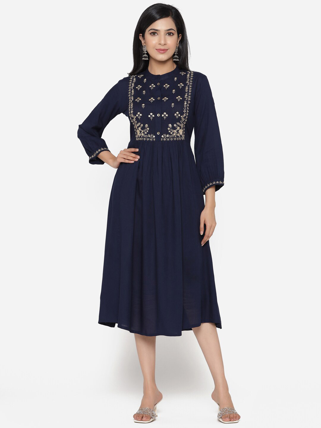 

ETHNIC STREET Blue Floral Crepe Ethnic Midi Dress