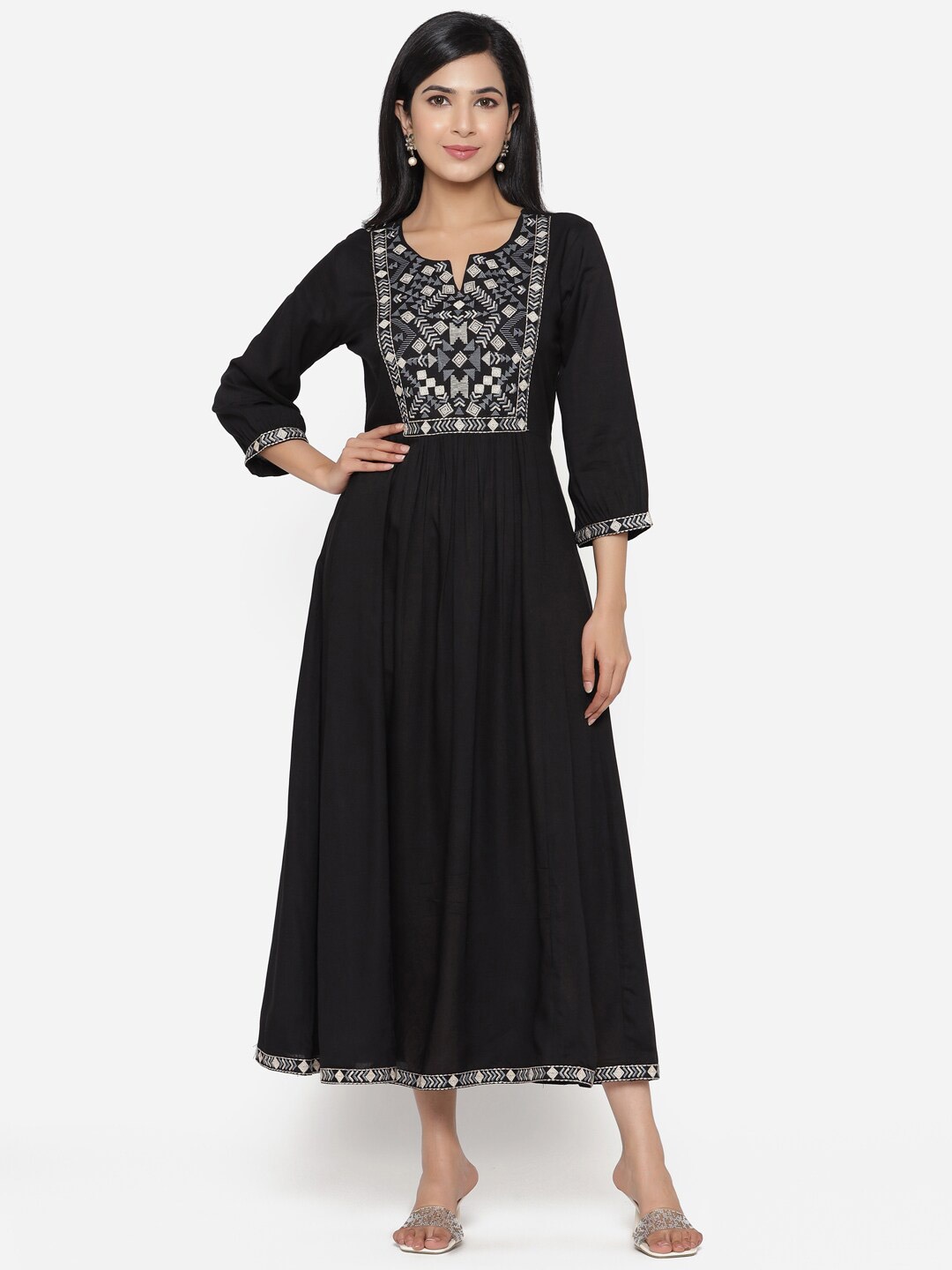 

ETHNIC STREET Black Floral Embroidered Crepe Ethnic Midi Dress