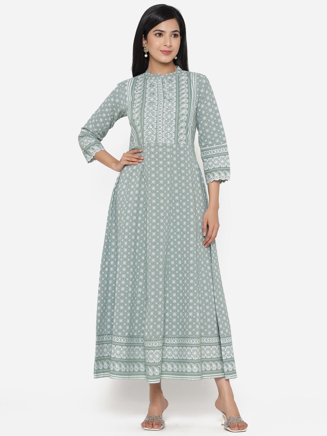 

ETHNIC STREET Green Ethnic Motifs Ethnic Maxi Dress