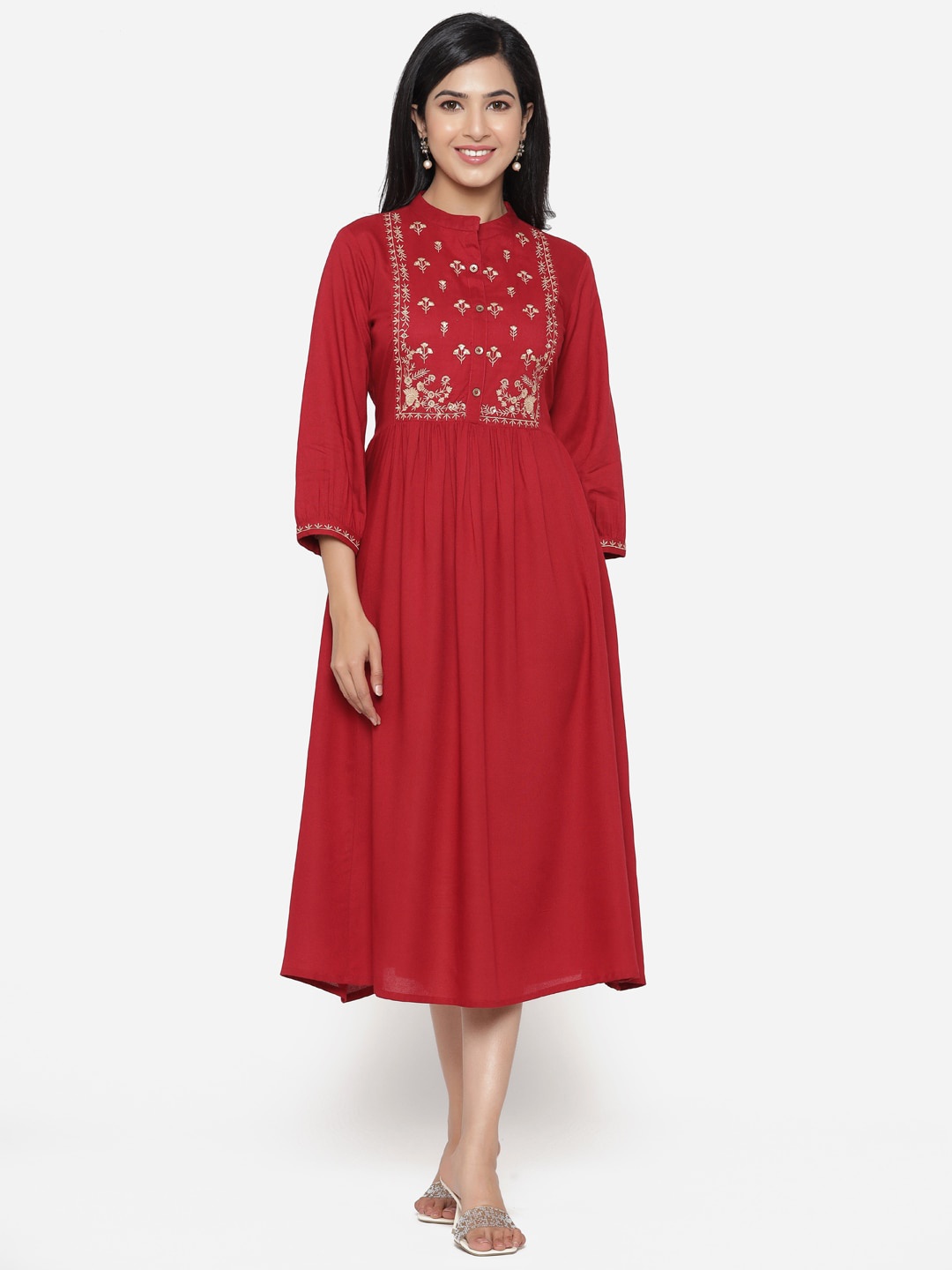 

ETHNIC STREET Red Yoke Embroidered Ethnic Fit & Flare Midi Dress