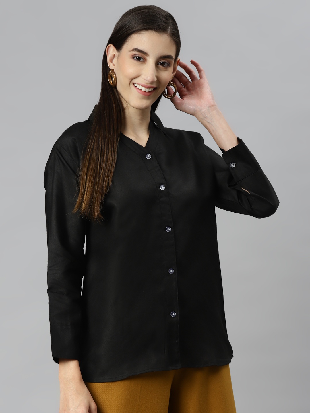 

Aarika Women Black Solid Pure Cotton Classic Casual Shirt