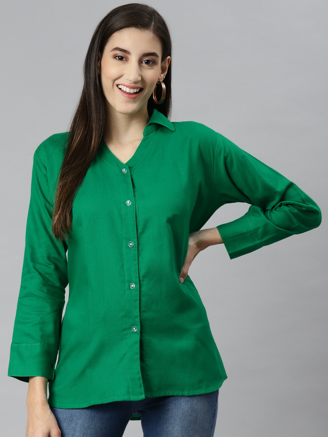 

Aarika Women Green Solid Pure Cotton Classic Casual Shirt