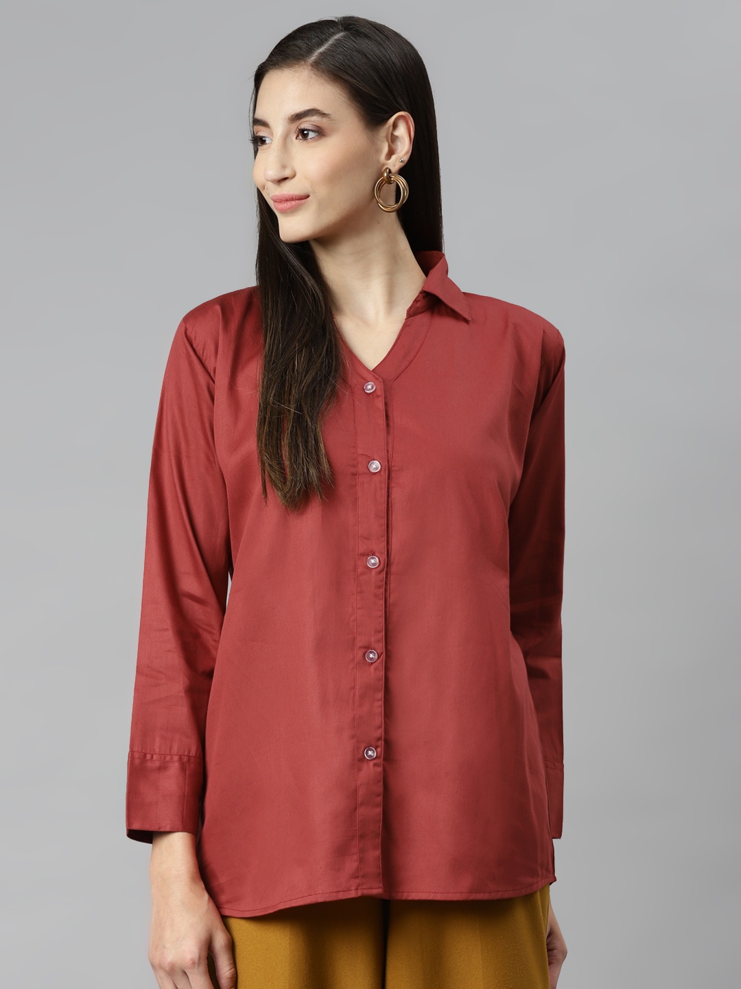 

Aarika Women Maroon Solid Pure Cotton Classic Casual Shirt