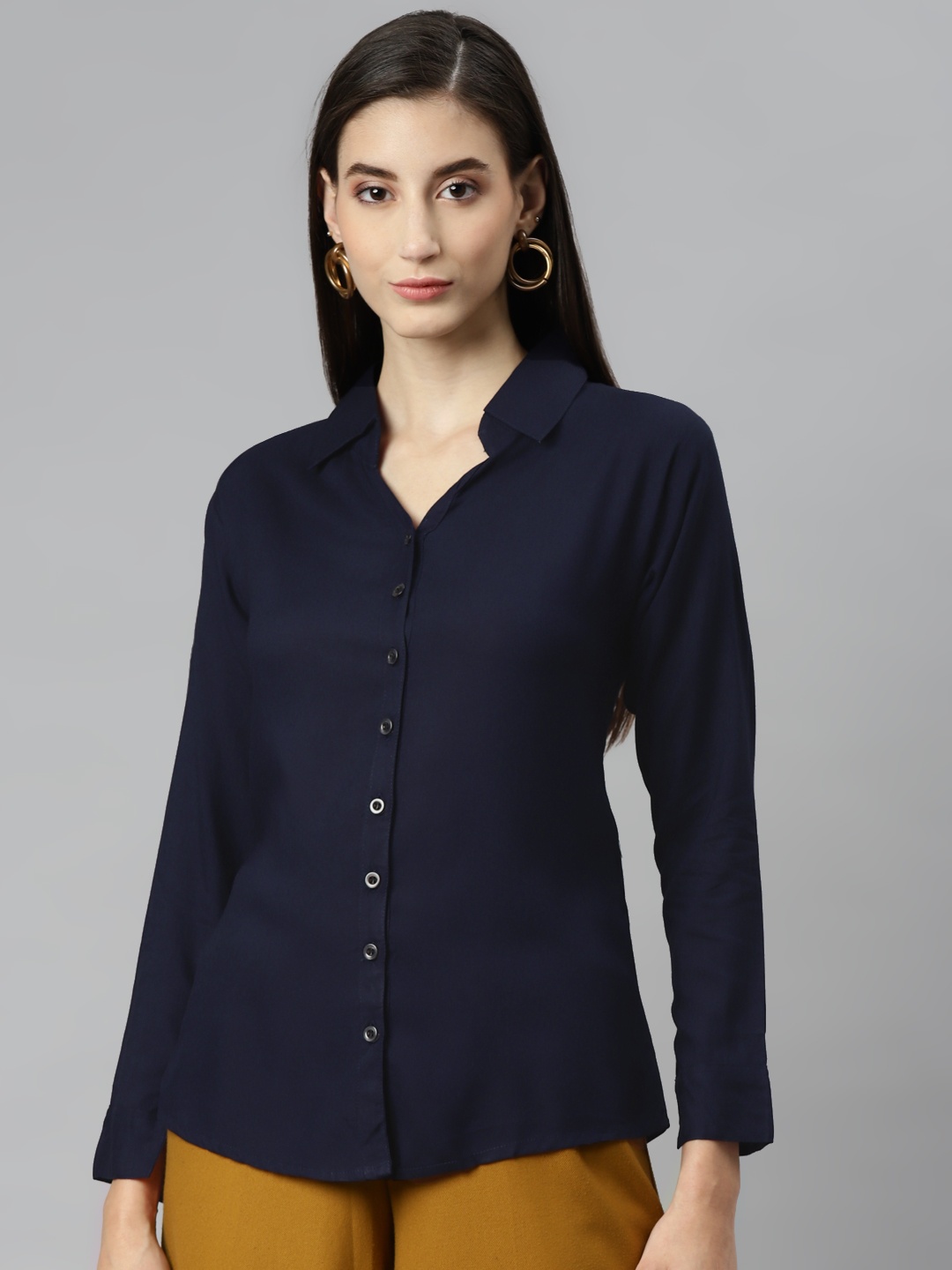 

Aarika Women Navy Blue Solid Pure Cotton Classic Casual Shirt