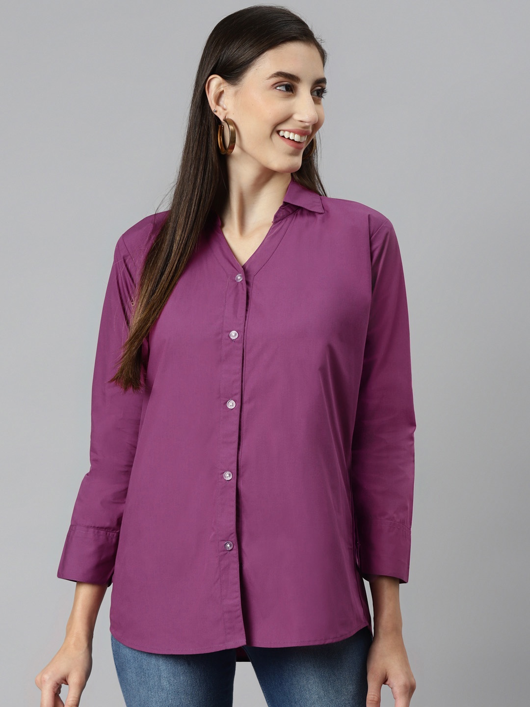 

Aarika Women Purple Solid Pure Cotton Classic Casual Shirt