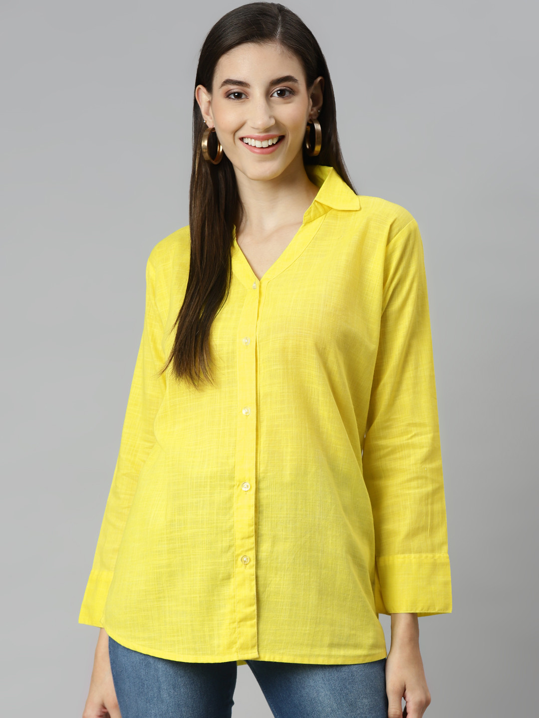 

Aarika Women Yellow Solid Pure Cotton Classic Casual Shirt