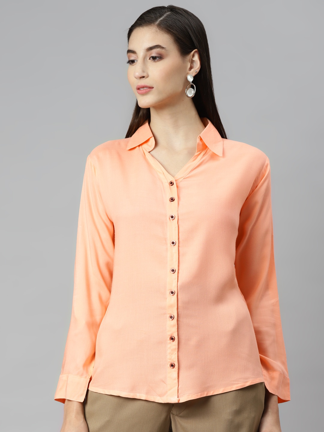 

Aarika Women Peach-Coloured Solid Pure Cotton Classic Casual Shirt