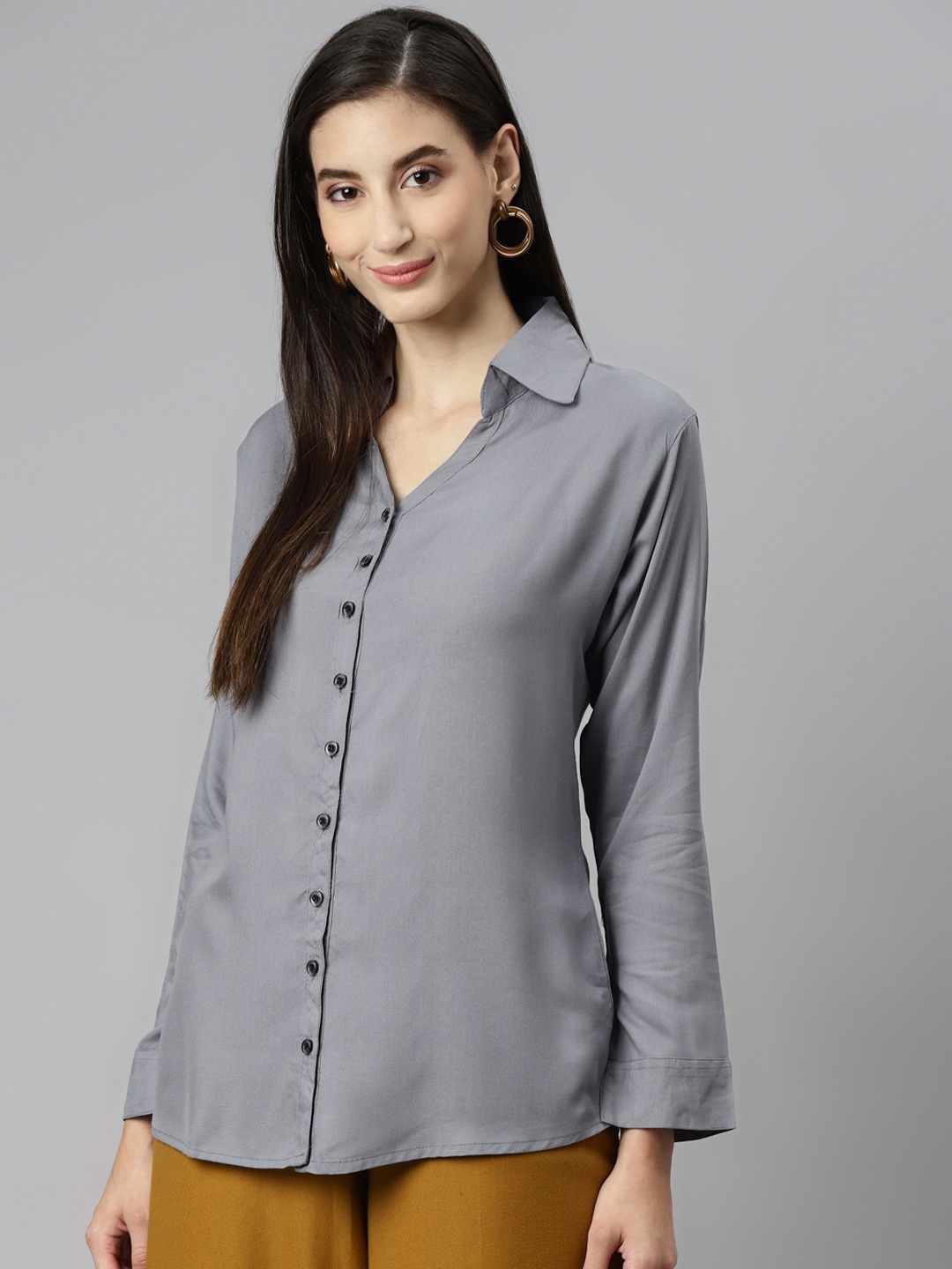 

Aarika Women Grey Solid Pure Cotton Classic Casual Shirt
