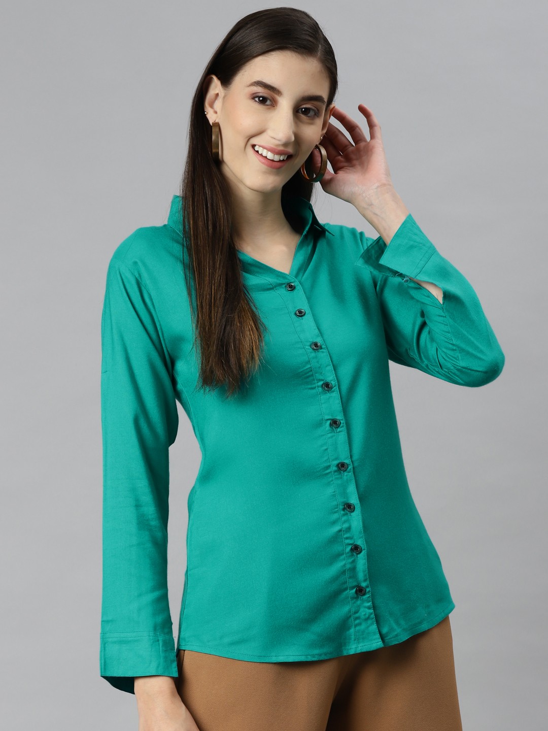 

Aarika Women Green Solid Pure Cotton Classic Casual Shirt