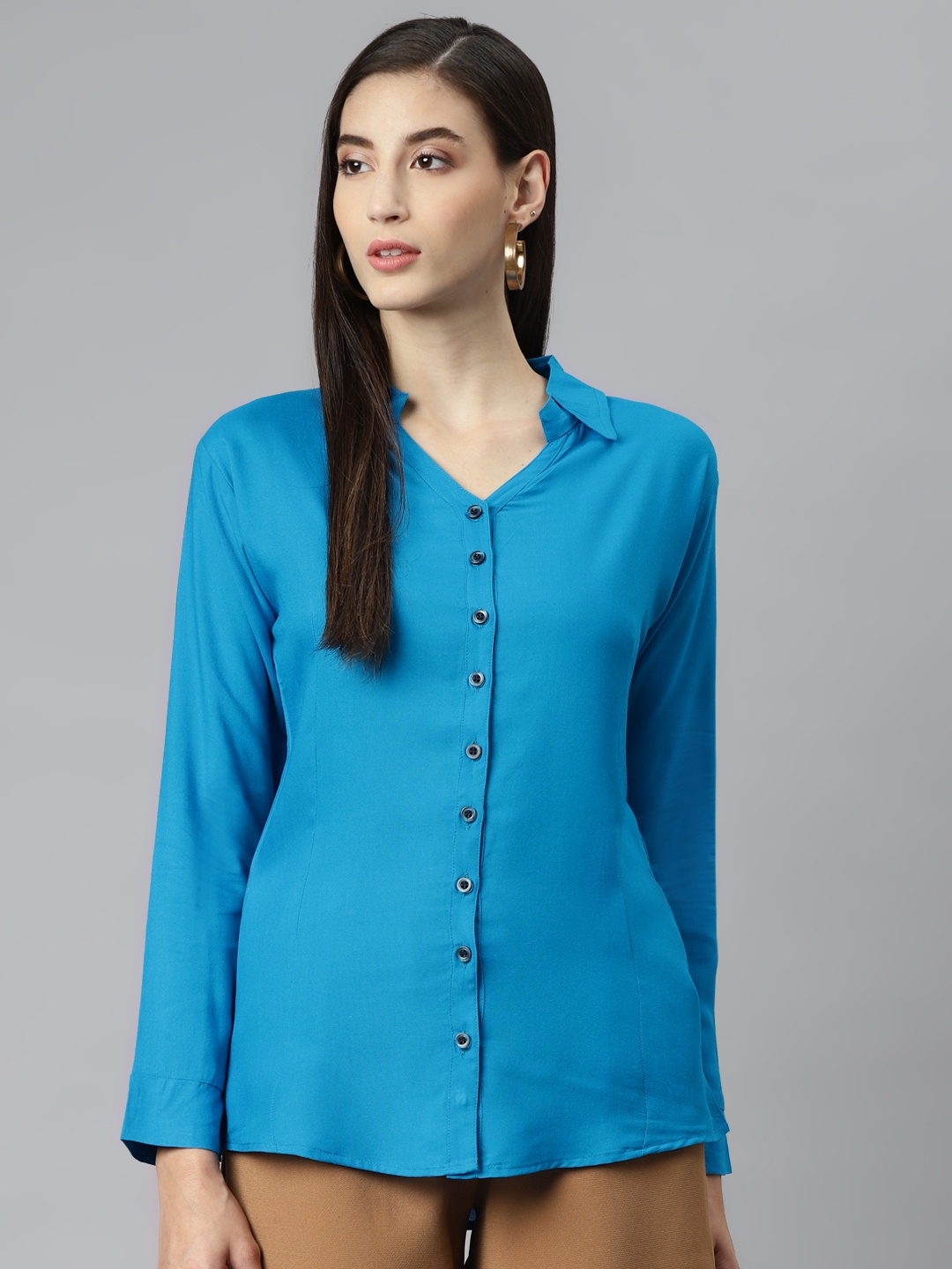 

Aarika Women Turquoise Blue Solid Pure Cotton Classic Casual Shirt