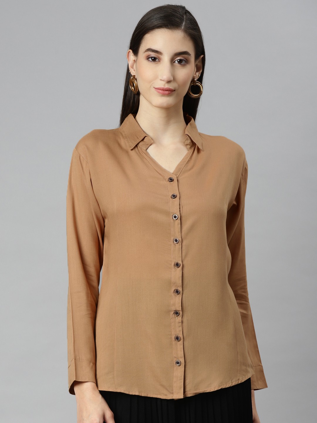 

Aarika Women Beige Solid Pure Cotton Classic Casual Shirt