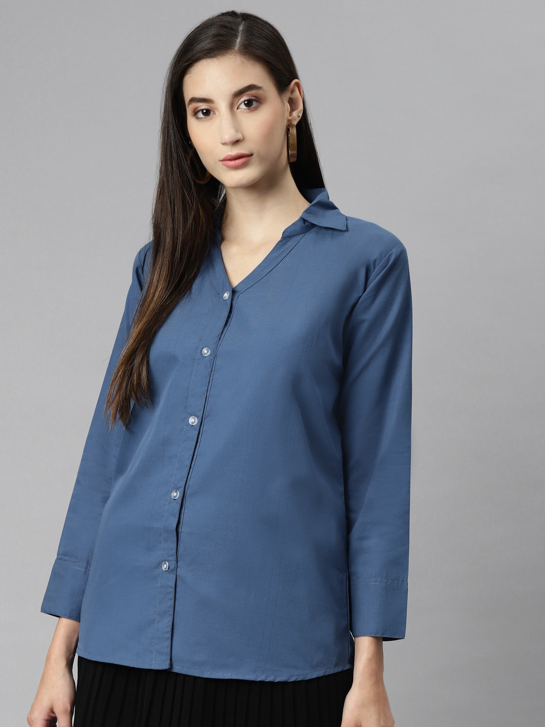 

Aarika Women Blue Solid Pure Cotton Classic Casual Shirt