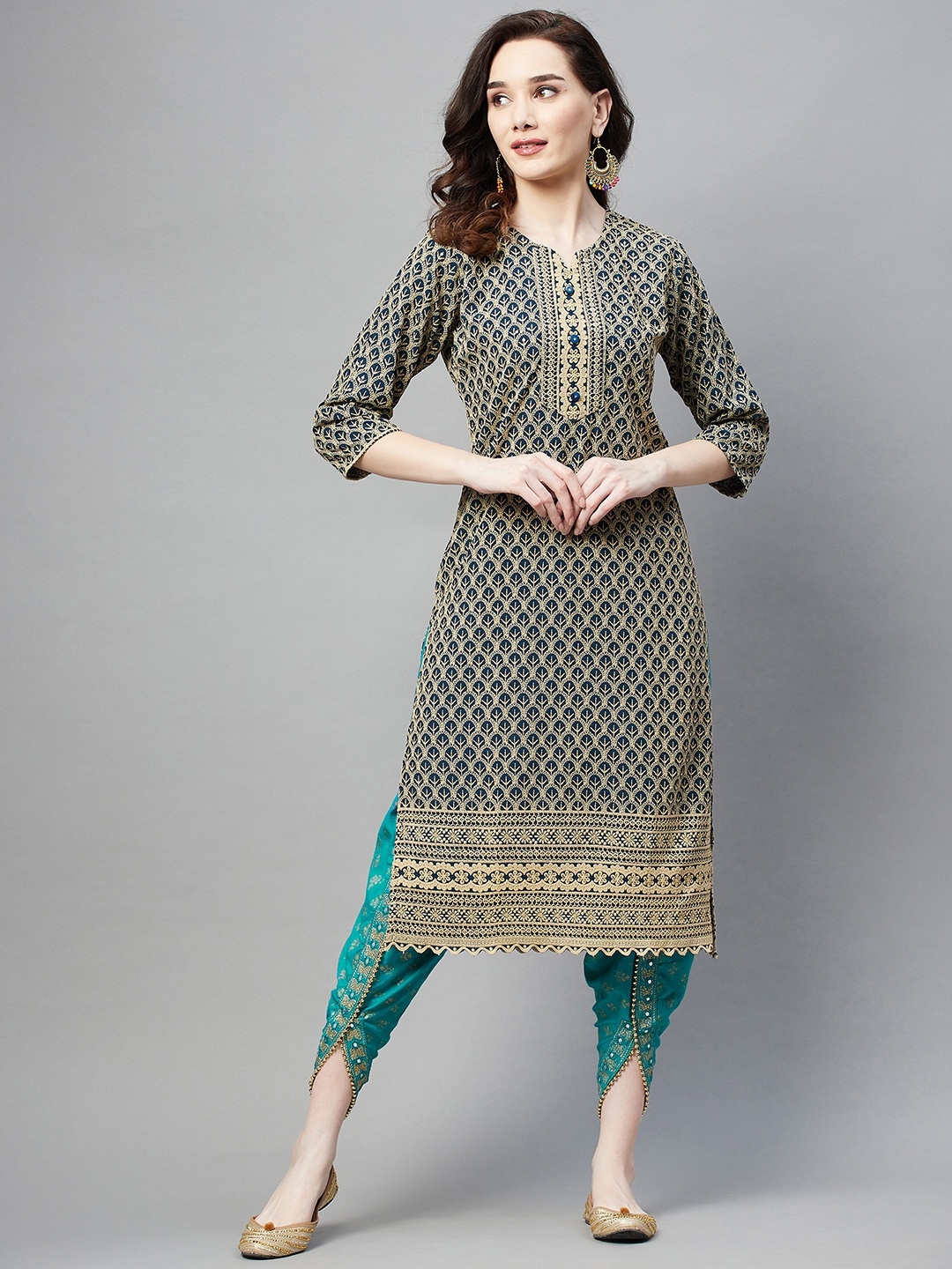 

Aarika Women Blue & Beige Ethnic Motifs Embroidered Kurta