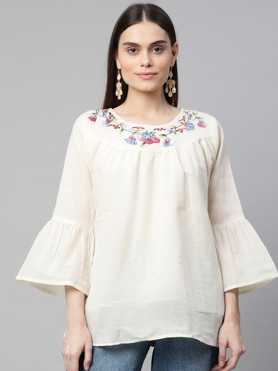 

Aarika Off White & Pink Pure Cotton Floral Yoke Detail Top