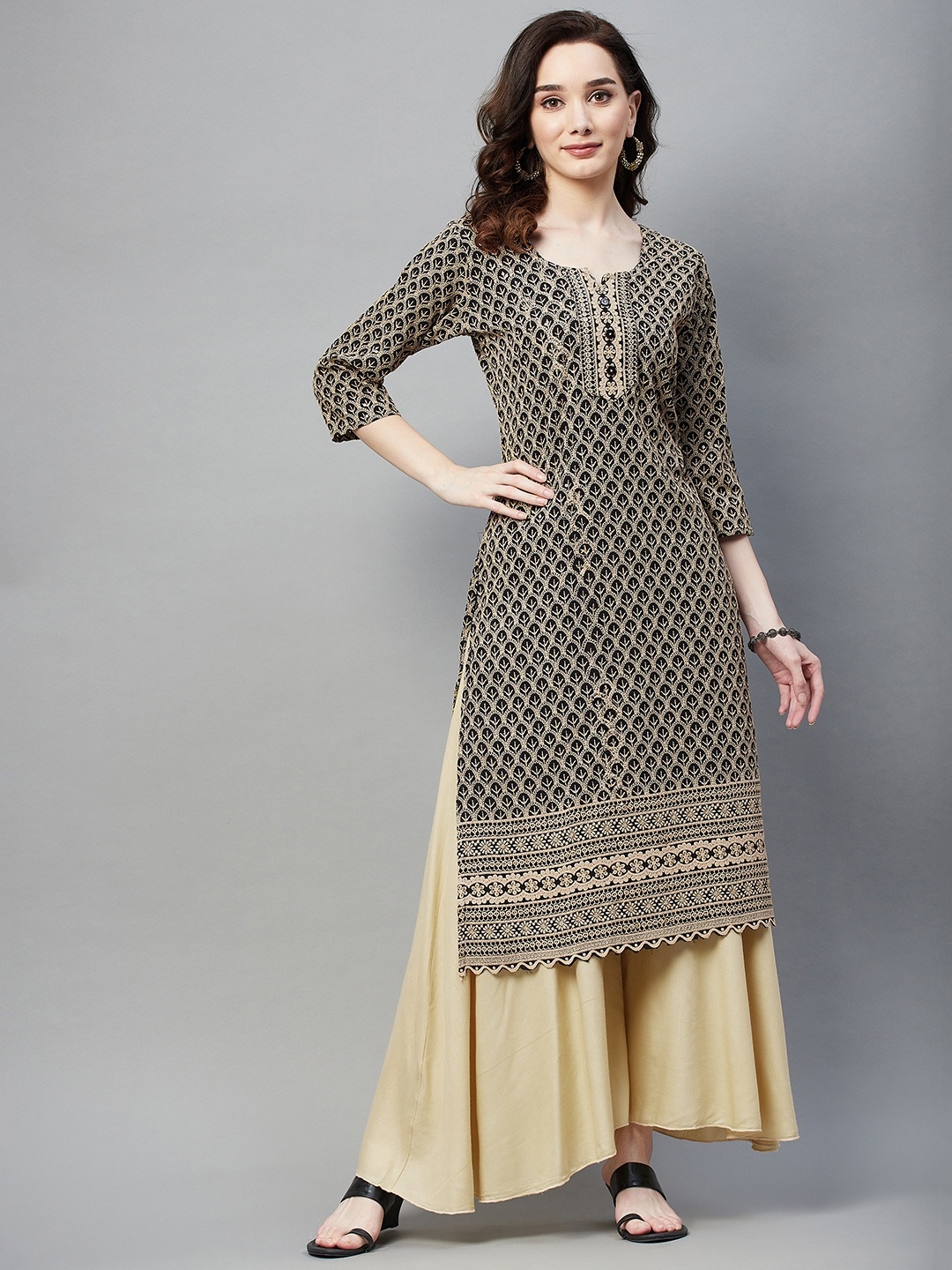 

Aarika Women Black & Beige Ethnic Motifs Embroidered Kurta