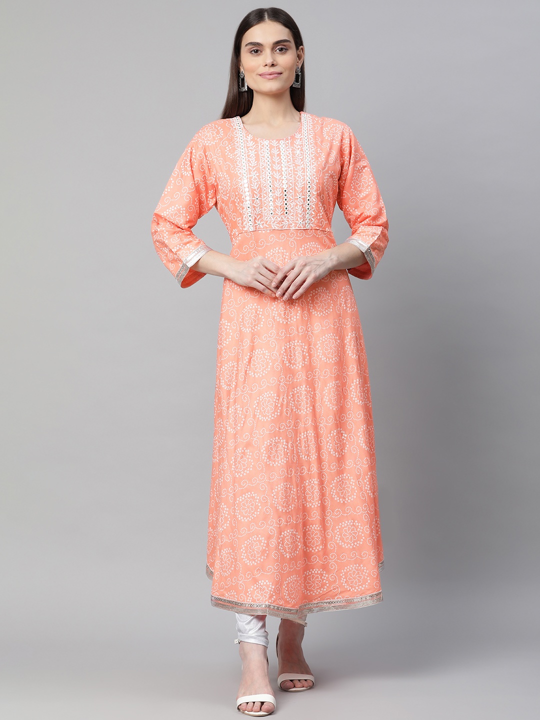 

Aarika Women Peach-Coloured & White Bandhani Printed Kurta