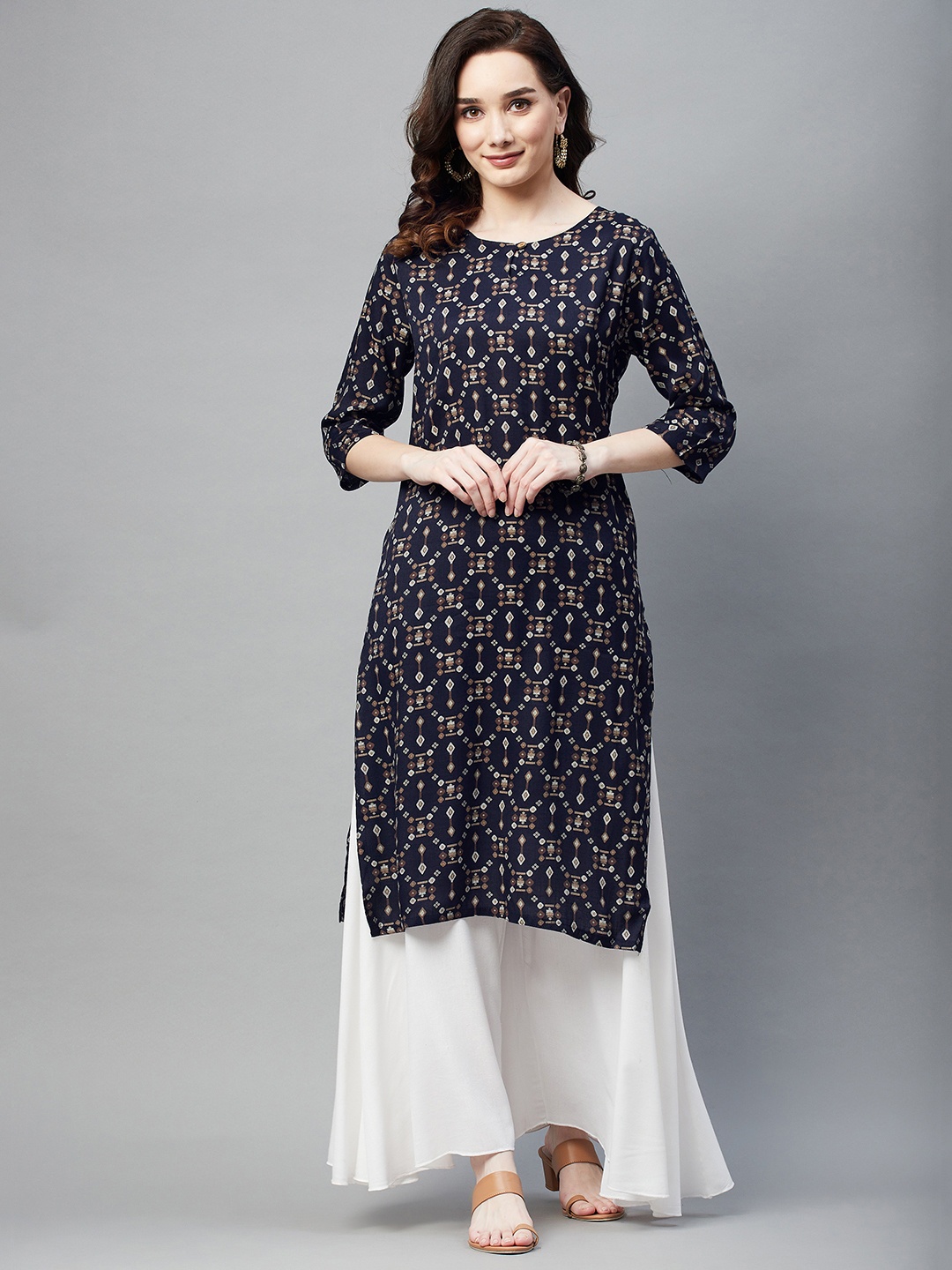 

Aarika Women Navy Blue & White Ethnic Motifs Printed Kurta