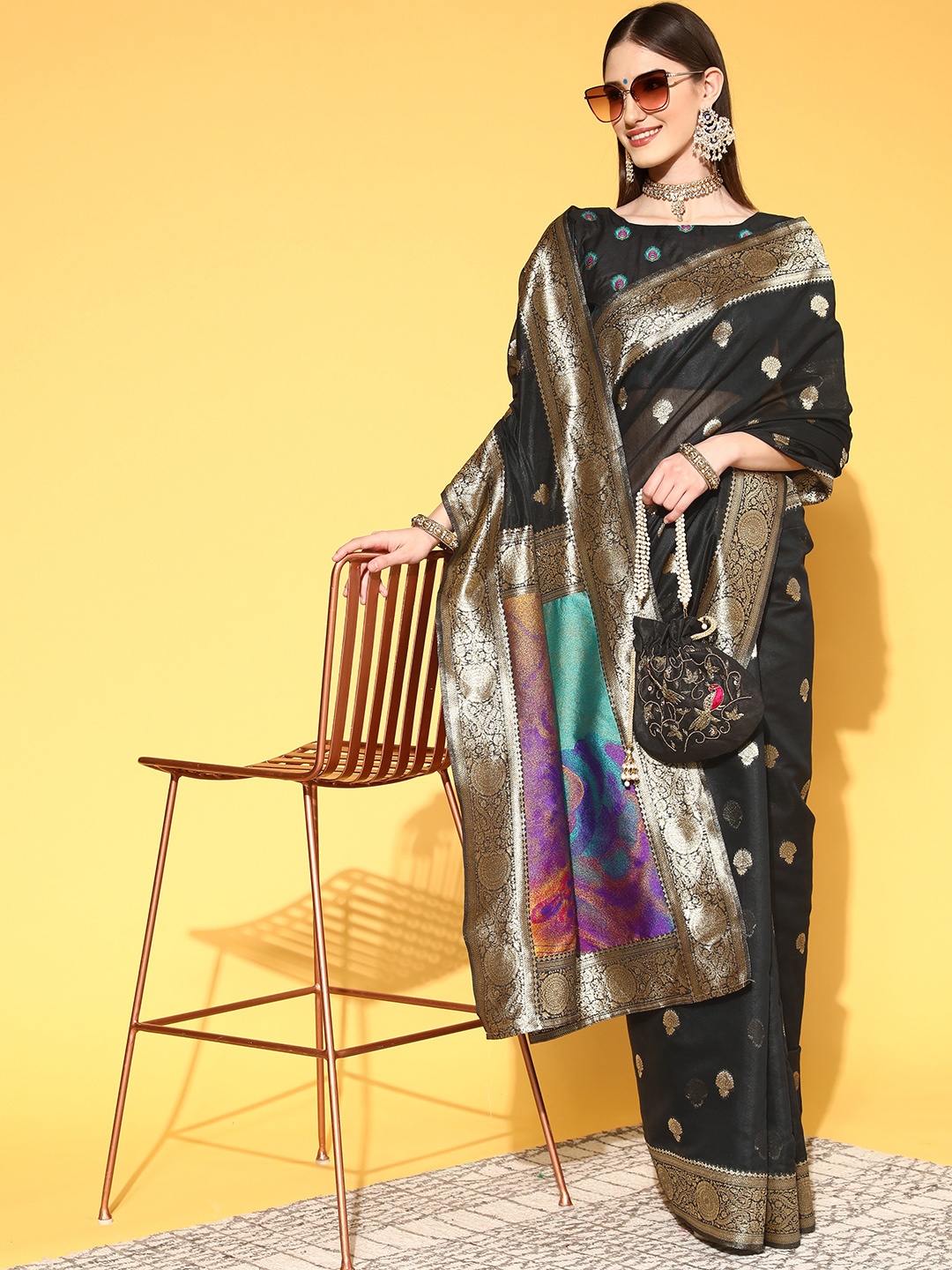 

Saree mall Black & Golden Ethnic Motifs Woven Design Silk Blend Sarees