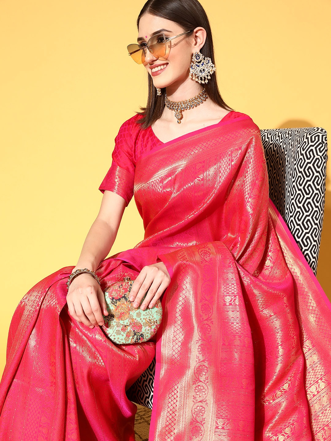 

Saree mall Pink & Golden Ethnic Motifs Silk Blend Sarees