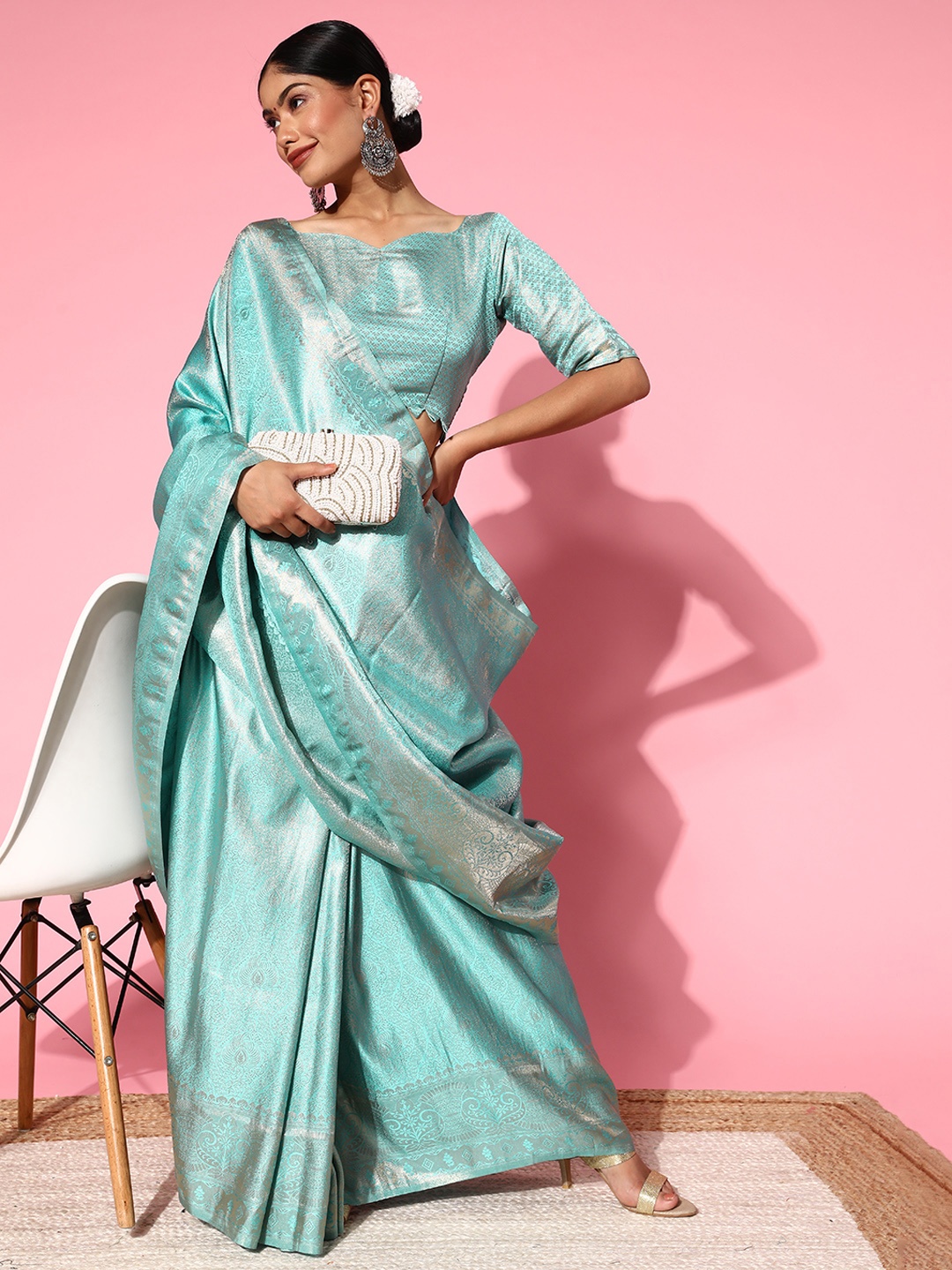 

Mitera Turquoise Blue Ethnic Motifs Zari Kanjeevaram Saree