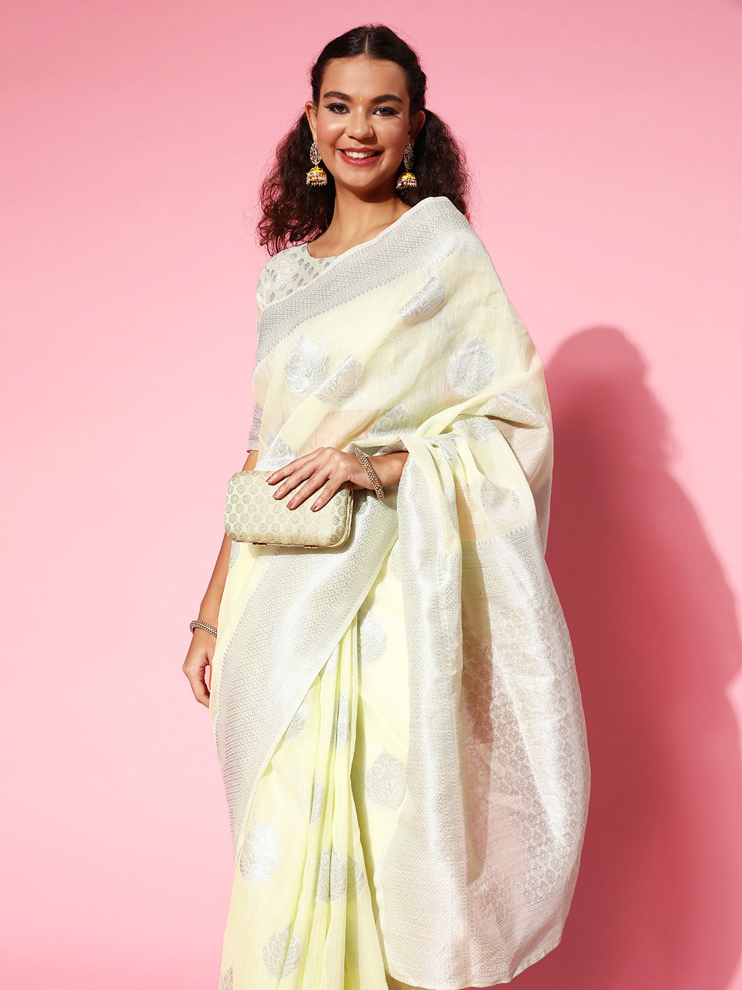

Mitera Yellow Floral Poly Linen Banarasi Saree