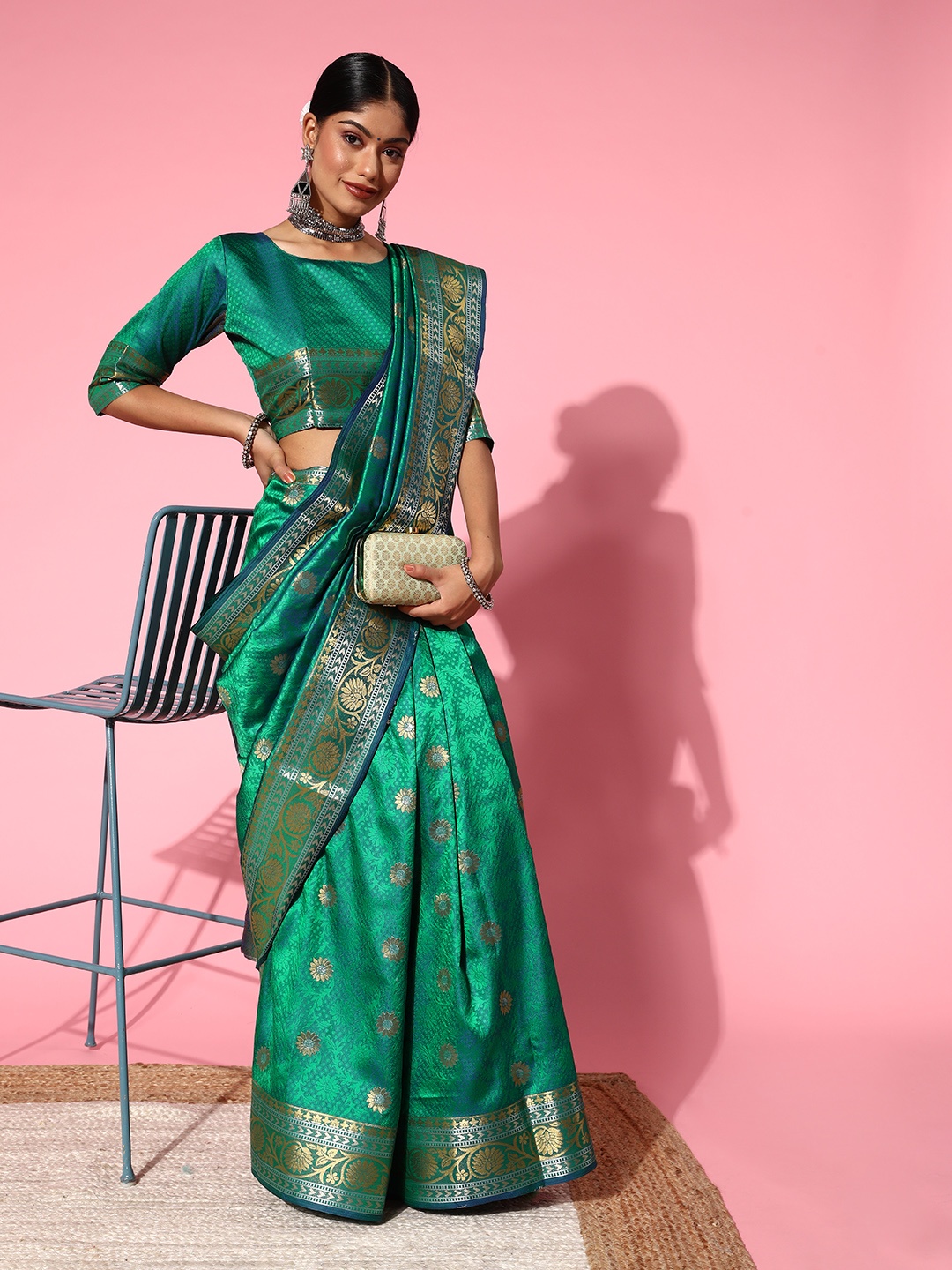 

Mitera Floral Saree with Woven Design Border, Green