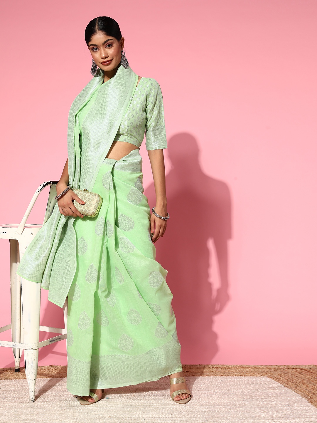 

Mitera Floral Saree with Woven Design Border, Green