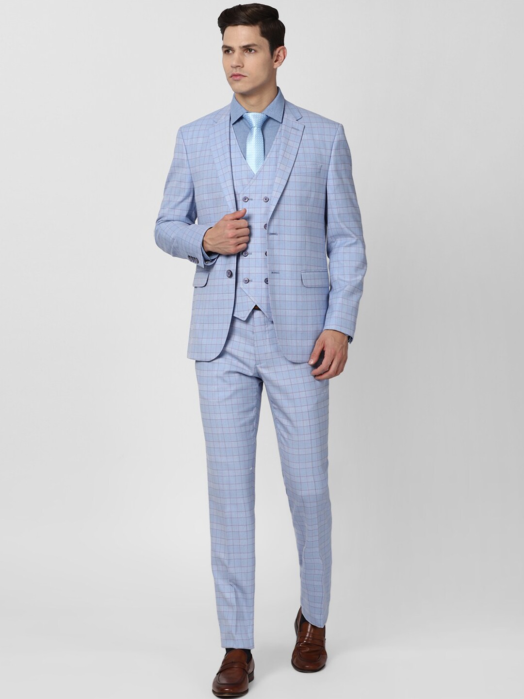 

Van Heusen Men Blue Checked Three-Piece Single Breasted Slim-Fit Suits