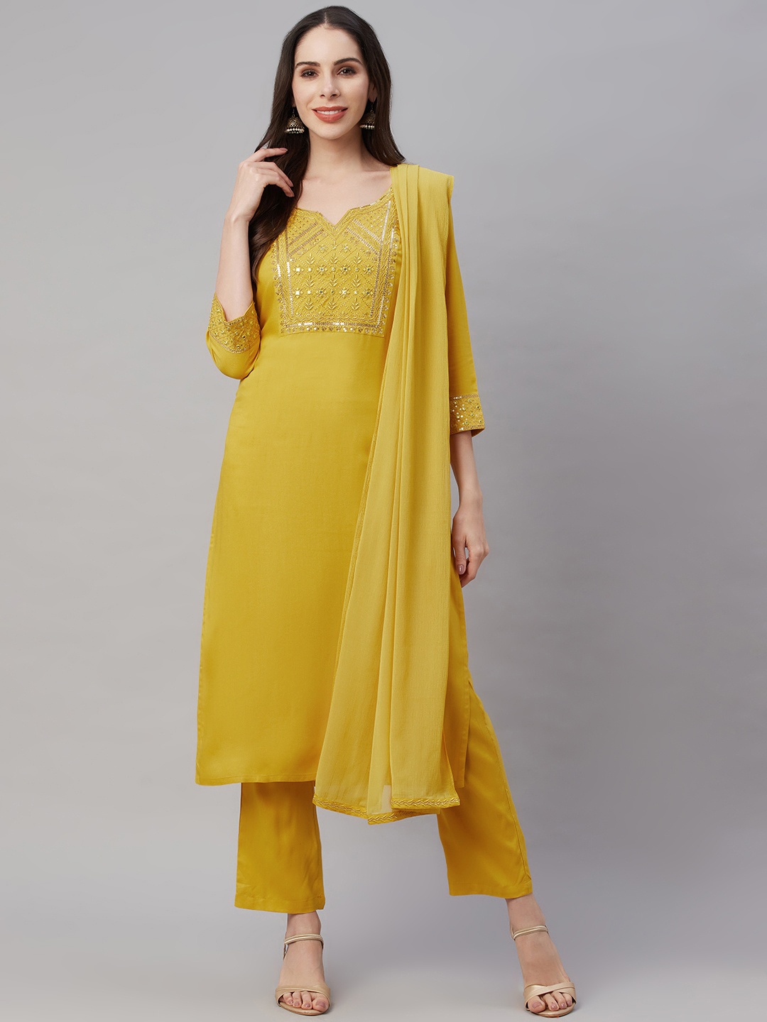 

AMIRAS INDIAN ETHNIC WEAR Women Mustard Yellow Yoke Design Gotta Patti Kurta with Trousers & With Dupatta