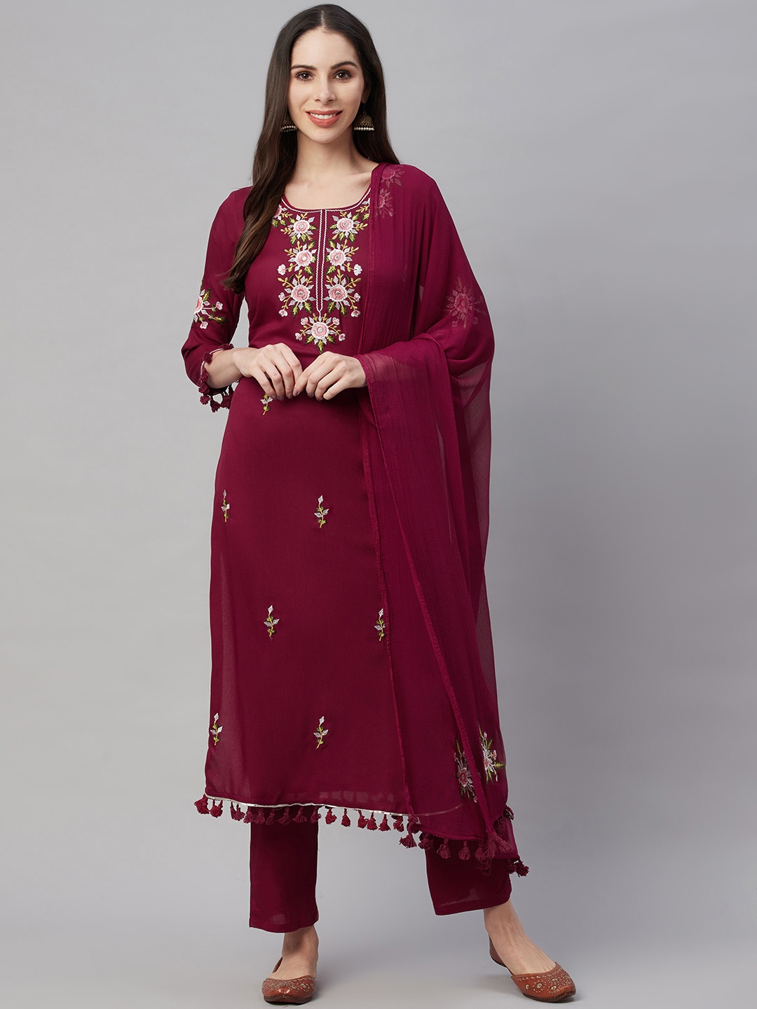 

AMIRAS INDIAN ETHNIC WEAR Women Maroon Floral Yoke Design Kurta with Trousers & With Dupatta