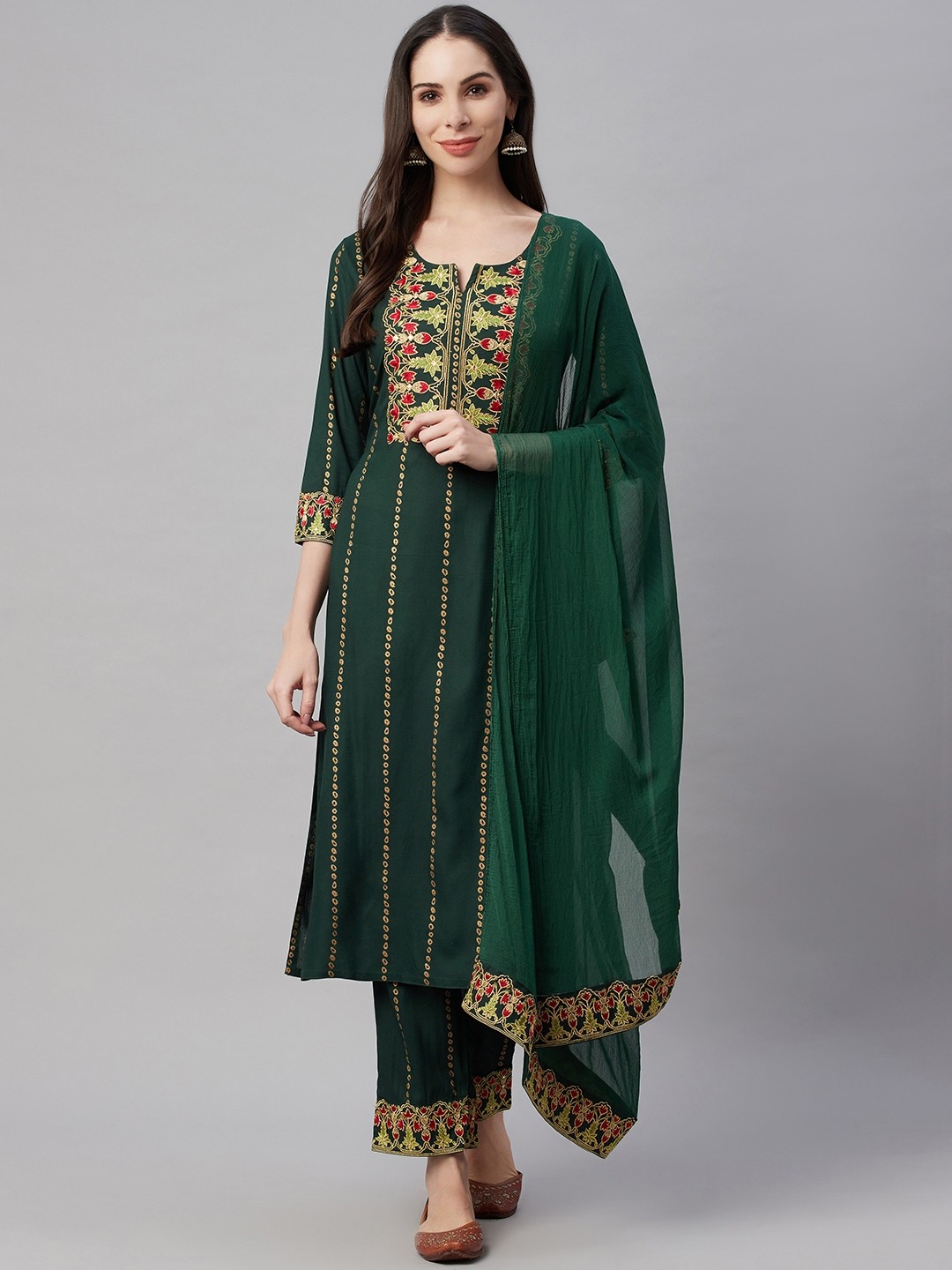 

AMIRAS INDIAN ETHNIC WEAR Women Green Ethnic Motifs Yoke Design Kurta with Trousers & With Dupatta