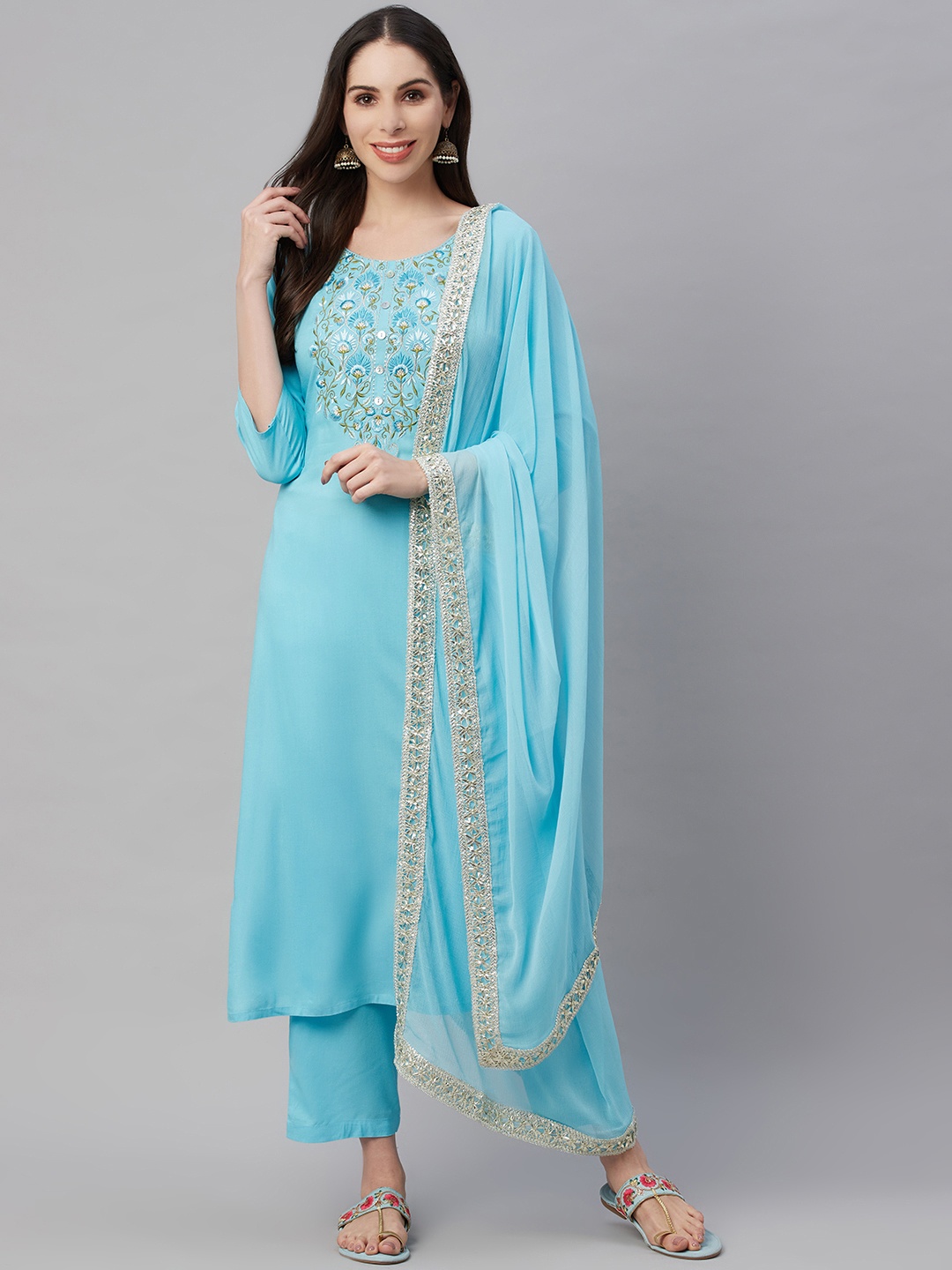 

AMIRAS INDIAN ETHNIC WEAR Women Turquoise Blue Floral Yoke Design Kurta with Trousers & With Dupatta