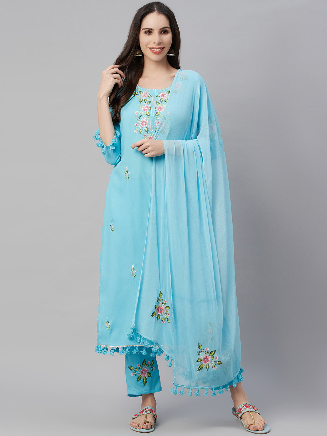 

AMIRAS INDIAN ETHNIC WEAR Women Turquoise Blue Floral Yoke Design Kurta with Trousers & With Dupatta
