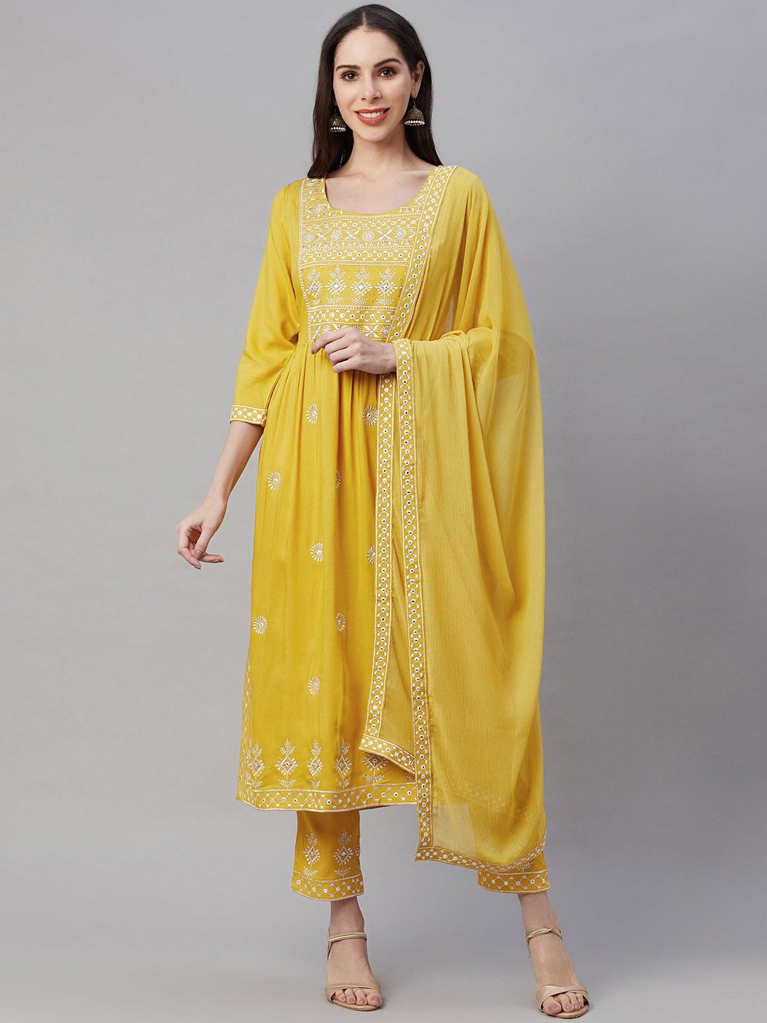 

AMIRAS INDIAN ETHNIC WEAR Women Mustard Yellow Ethnic Motifs Embroidered Kurta with Trousers & With Dupatta