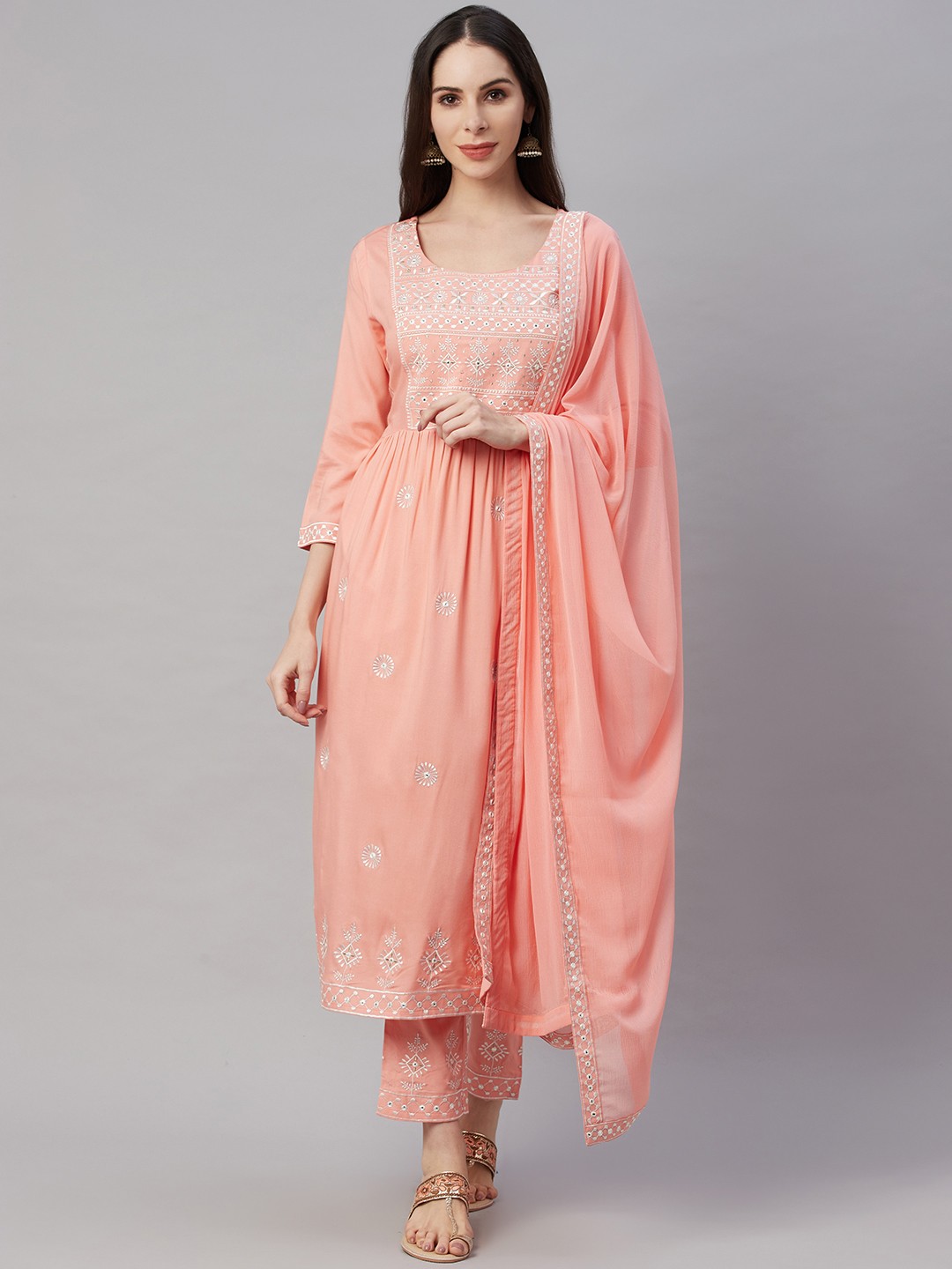 

AMIRAS INDIAN ETHNIC WEAR Women Peach-Coloured Ethnic Motifs Embroidered Kurta with Trousers & With Dupatta
