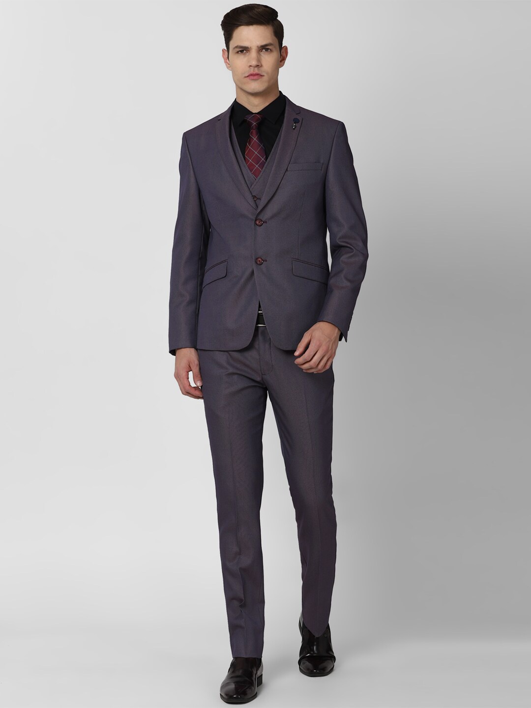 

V Dot Men Purple Self Design Three-Piece Single Breasted Slim-Fit Suits